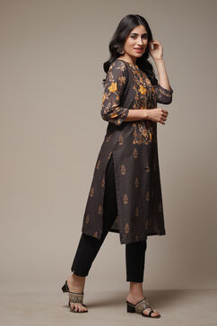 Black Cotton Straight Printed Kurta image number 4