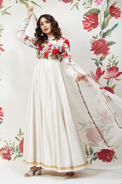 Rohit Bal Off White Cotton Silk Anarkali Embroidered Suit image number 7