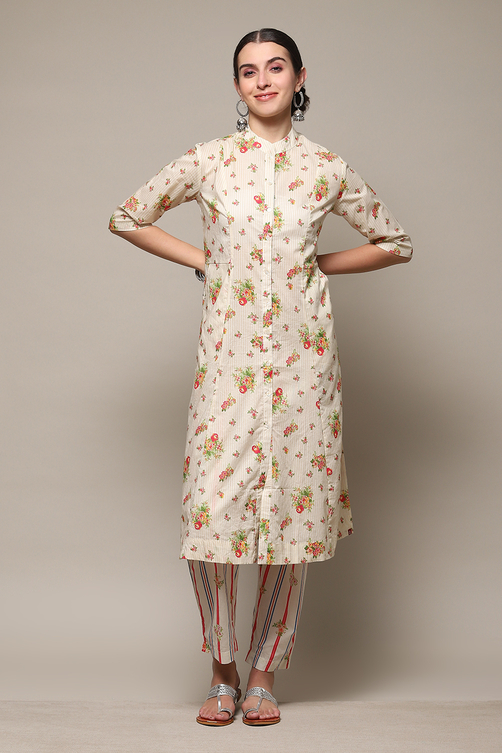 Beige Linen Straight Kurta Slim Pants Suit Set image number 6