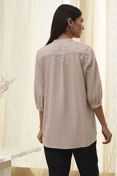 Beige Cotton Yarn-Dyed Short Straight Kurta image number 3