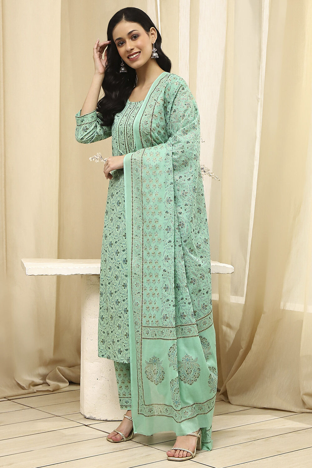 Pink Cotton Screen Print Unstitched Suit Set image number 4