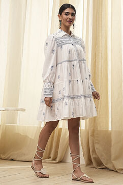 Off-White and Blue Cotton Floral Tiered Dress image number 4