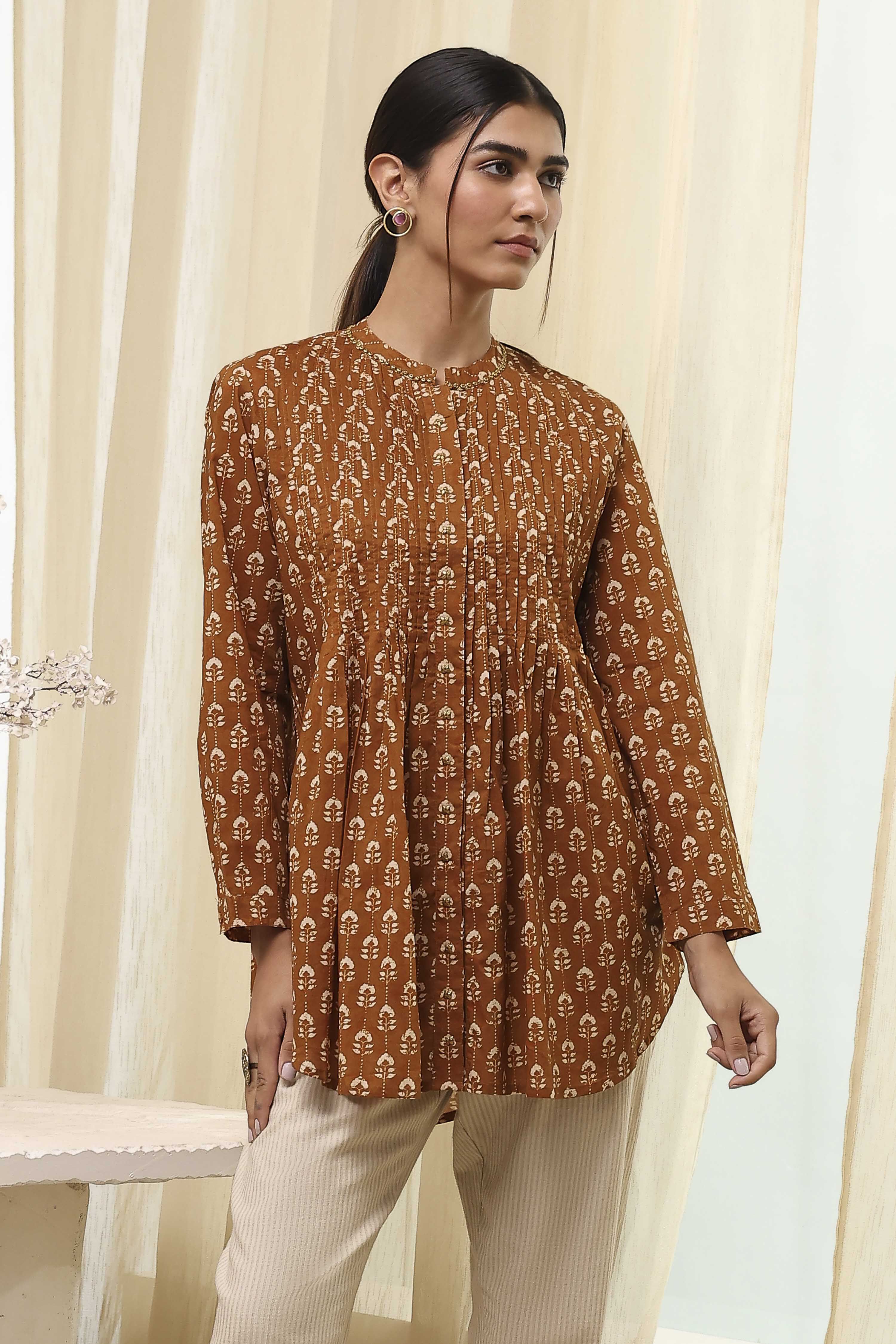 Mustard Brown Cotton Printed Shirt image number 5