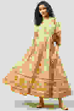 Beige Flared Fusion Printed Dress image number 0