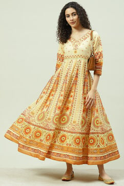 Beige Flared Fusion Printed Dress image number 0