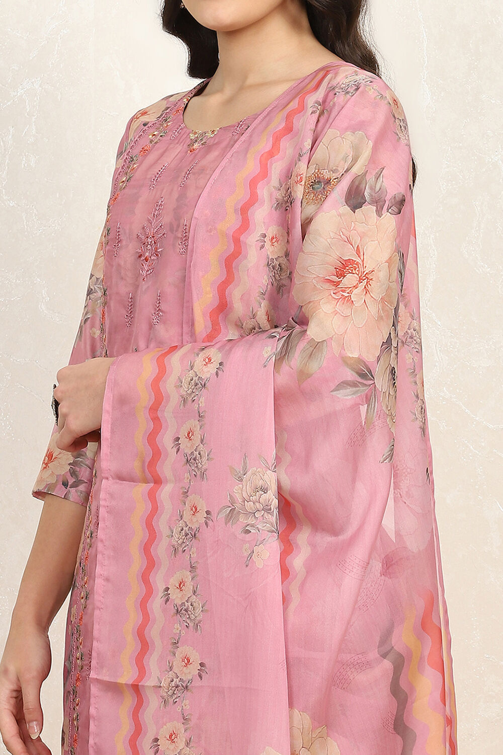 Orange Muslin Unstitched Suit Set image number 2