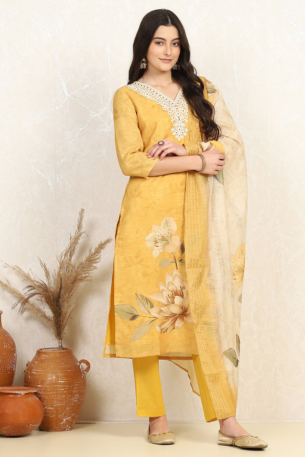 Mustard Linen Blend Digital Print Unstitched Suit Set image number 6