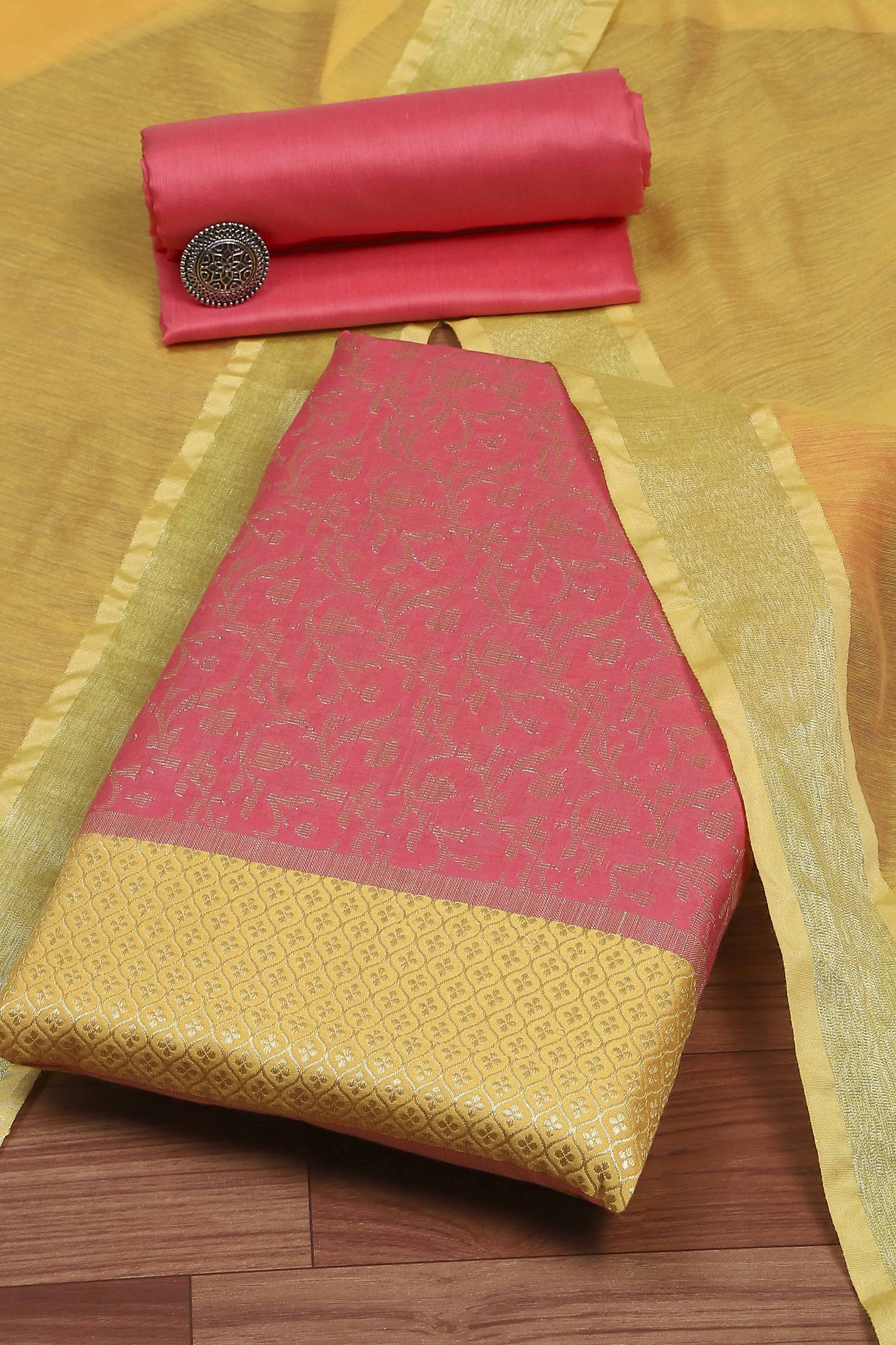 Pink Cotton Printed Embroidered Unstitched Suit Set image number 0