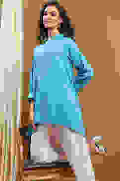 Turquoise Solid Asymmetric Short Kurta image number 6