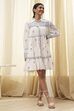 Off-White and Blue Cotton Floral Tiered Dress image number 5