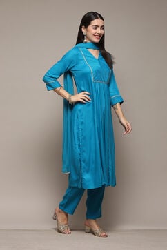 Turquoise LIVA Gathered Yarndyed Kurta Afgan Pant Suit Set image number 6