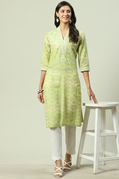 Green Cotton Straight Printed Kurta image number 4