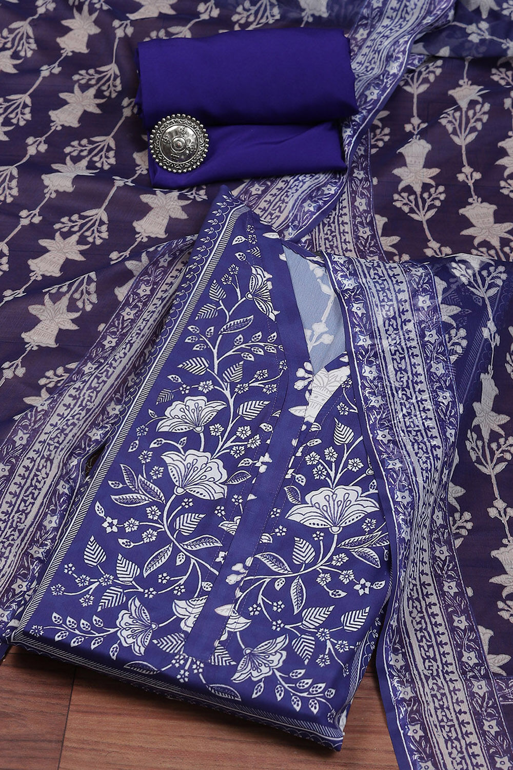 Indigo Chanderi Silk Unstitched Suit Set image number 0