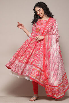White Pink Cotton Anarkali Printed Kurta Churidar Suit Set image number 0
