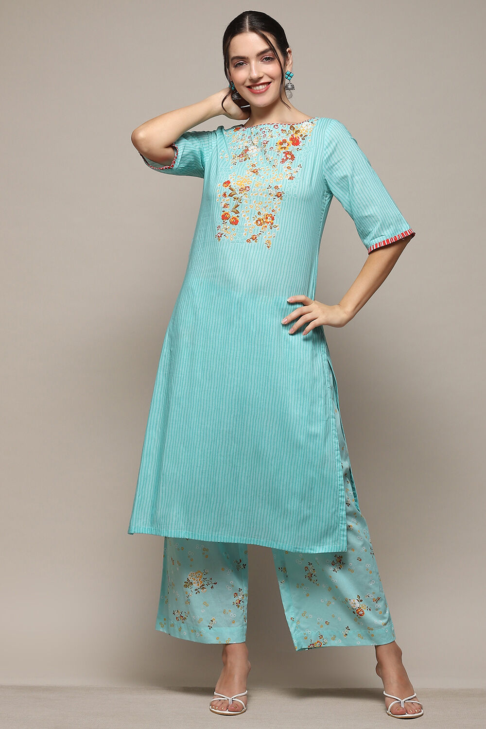 Mint Cambric Straight Kurta Palazzo Suit Set image number 0