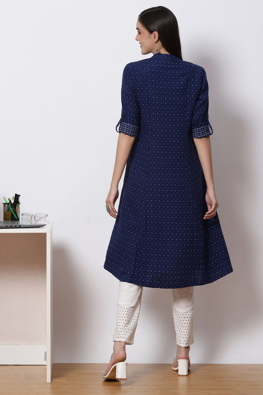 Navy Blue Cotton A Line Kurta Set image number 4