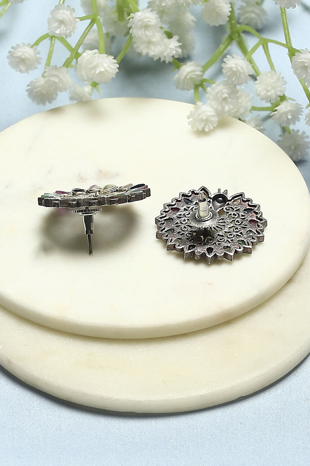 Multi-coloured Oxidised Navratan Studded Studs image number 2