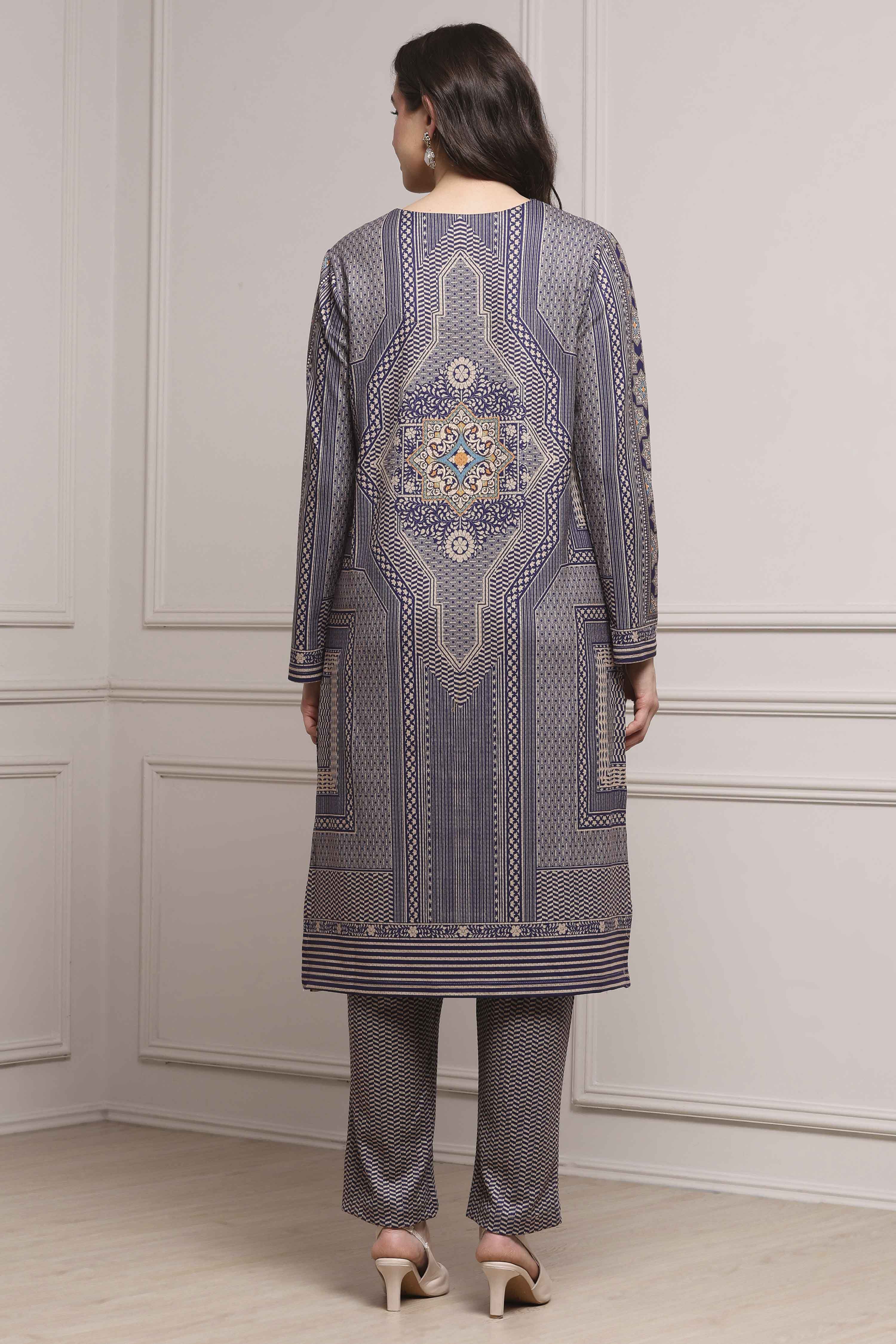 Blue Polyester Straight Printed Kurta Pants Set image number 4