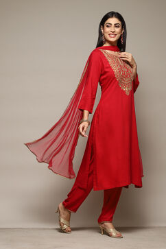 Coral Red LIVA Gathered Kurta Parallel Pants Suit Set image number 6