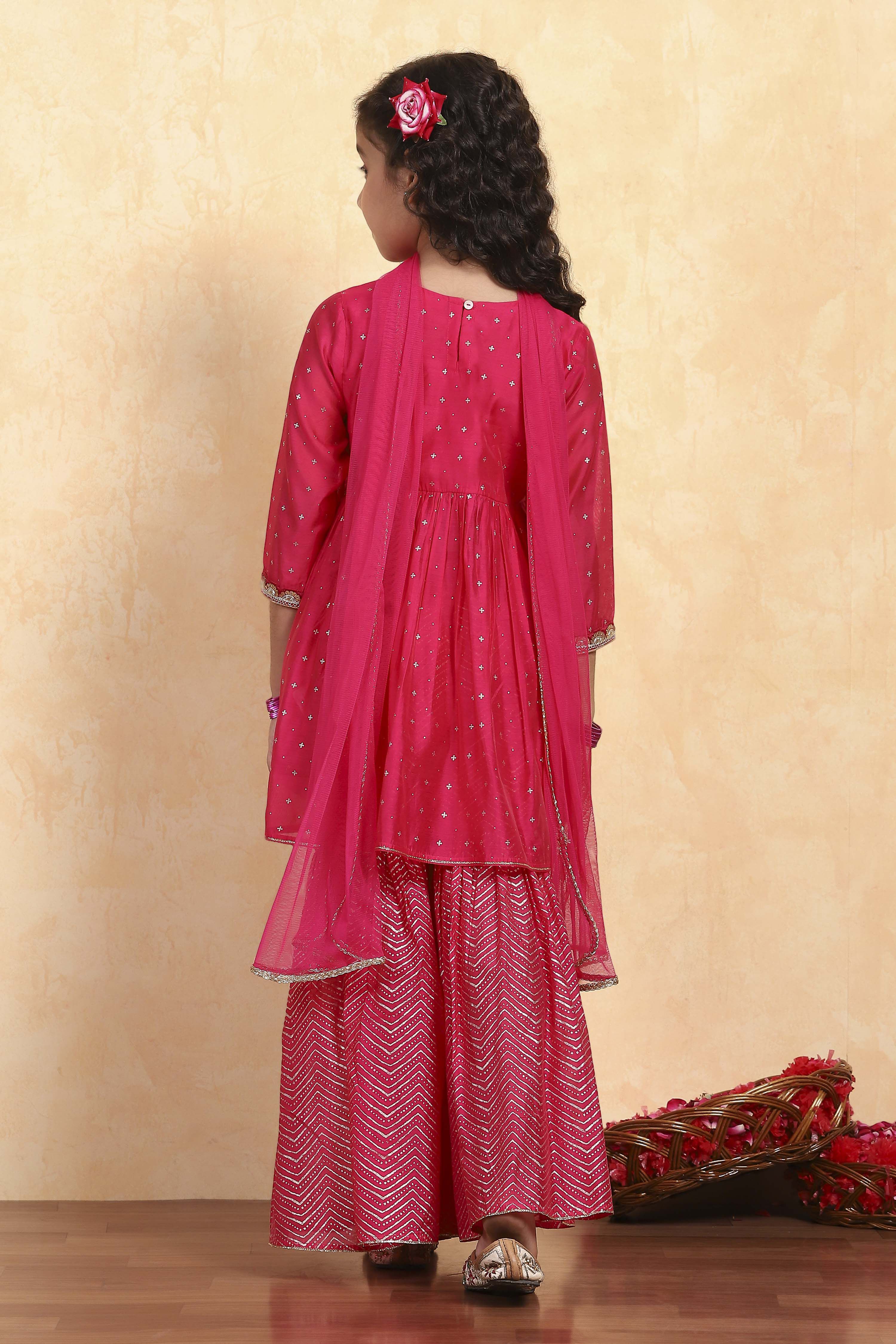 Pink Polyester Blend Printed Gathered Suit Set image number 4