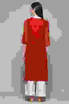 Red Polyester Straight Kurta image number 3