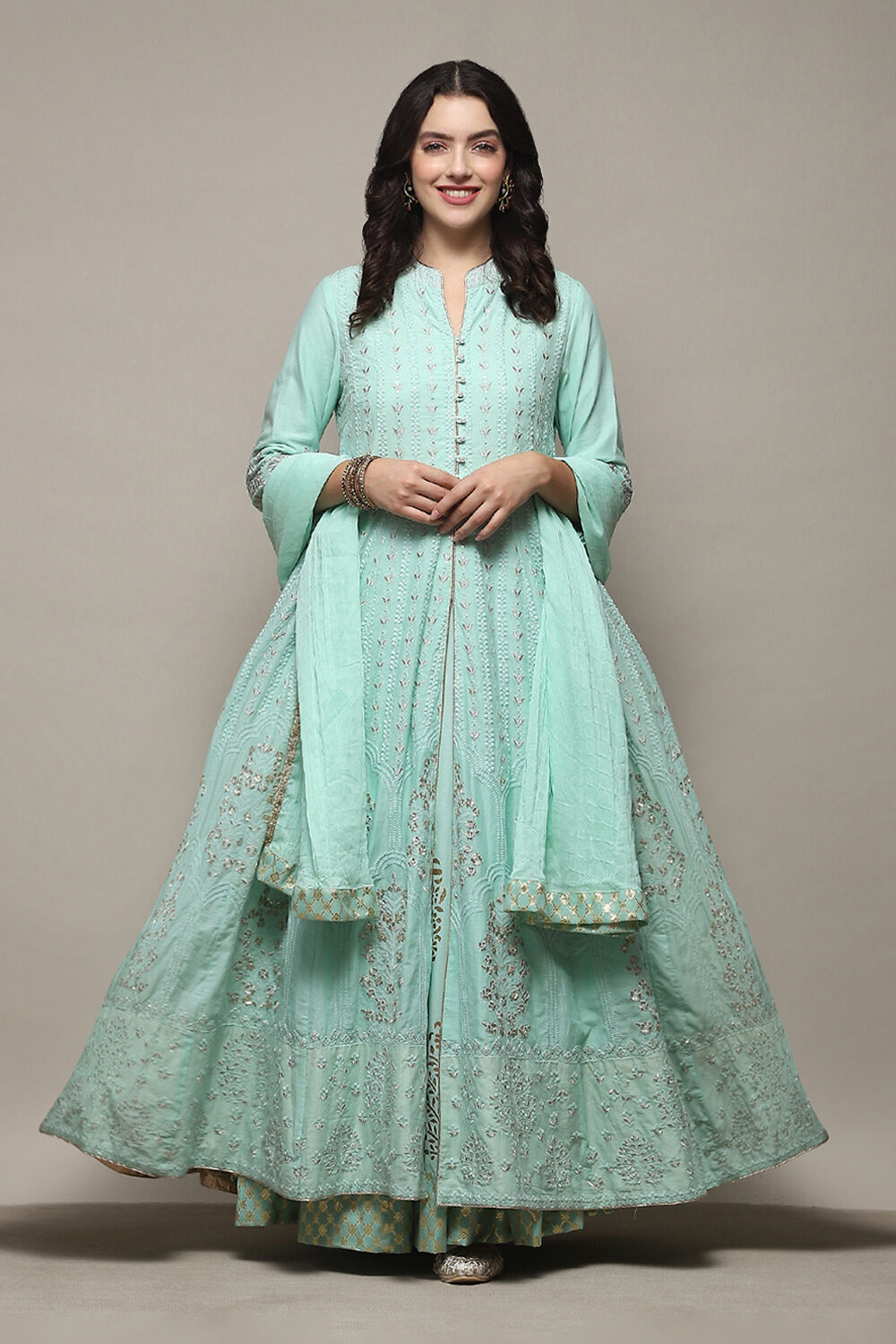 Aqua Blue Cotton Anarkali Kurta Lehenga Set image number 0