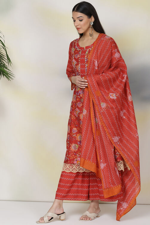 Red Cotton Silk Double Layered Kurta Flared Palazzo Suit Set image number 5