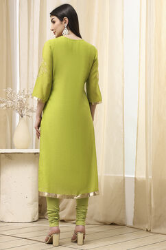 Mehandi Green Poly Chanderi Fitted Suit Set image number 4