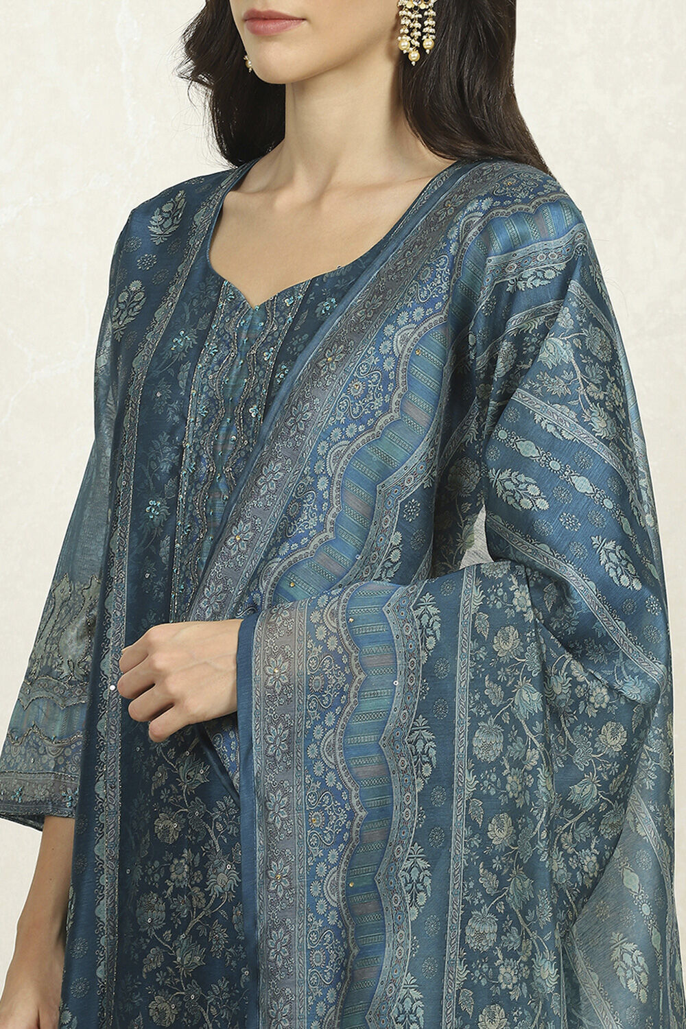 Teal Chanderi Unstitched Suit Set image number 2