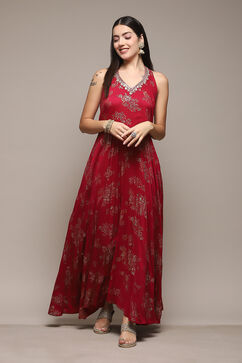 Cherry Red Rayon Flared Printed Dress image number 5
