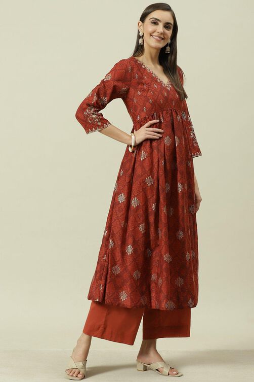 Rust Printed Anarkali Kurta Palazzo Suit Set image number 0