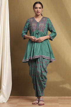 Green Muslin Printed Peplum Suit Set image number 6