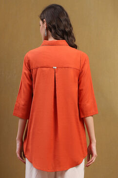 Orange Cotton Blend Solid Straight Shirt Style Kurti image number 3