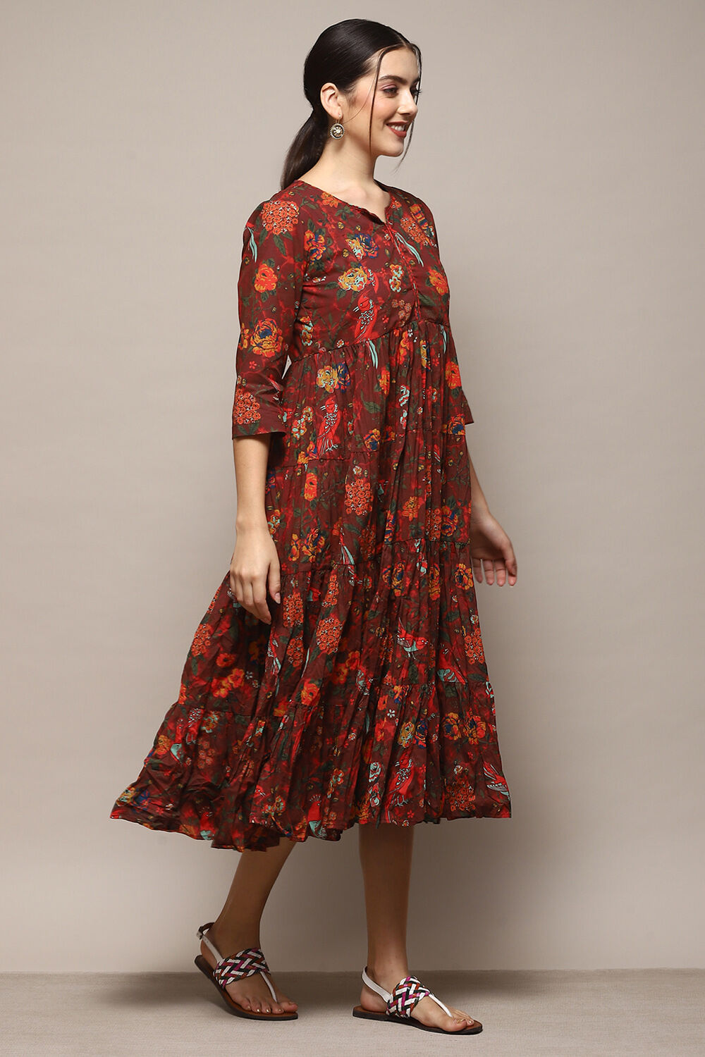 Green & Maroon Cotton Flared Printed Dress image number 4