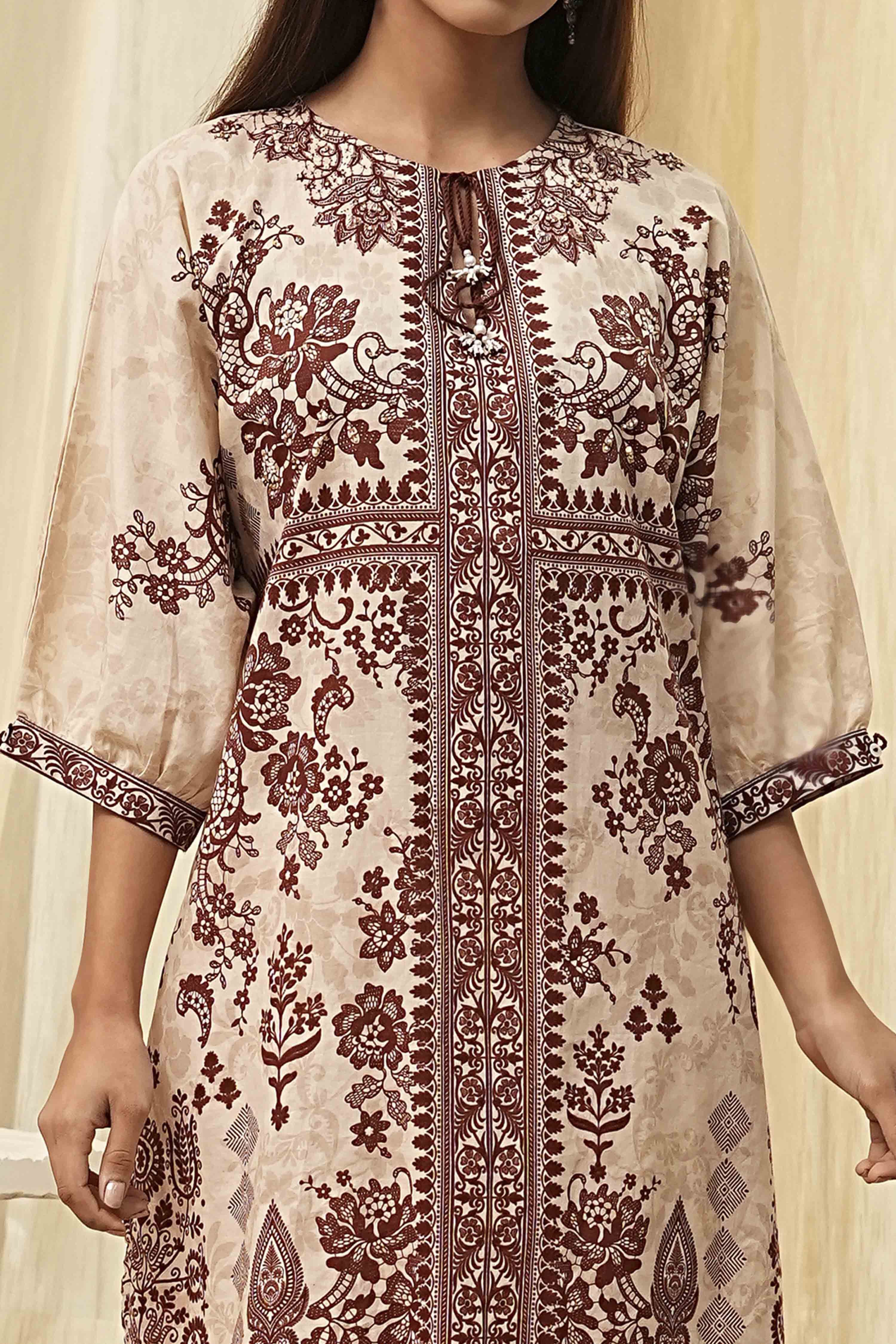Beige and Brown Pure Cotton Printed Kurta Set image number 1