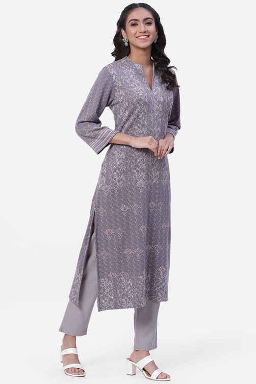 Grey Straight Poly Cotton Kurta image number 3