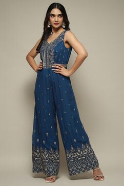 Blue Viscose Straight Embroidered Jumpsuit image number 0