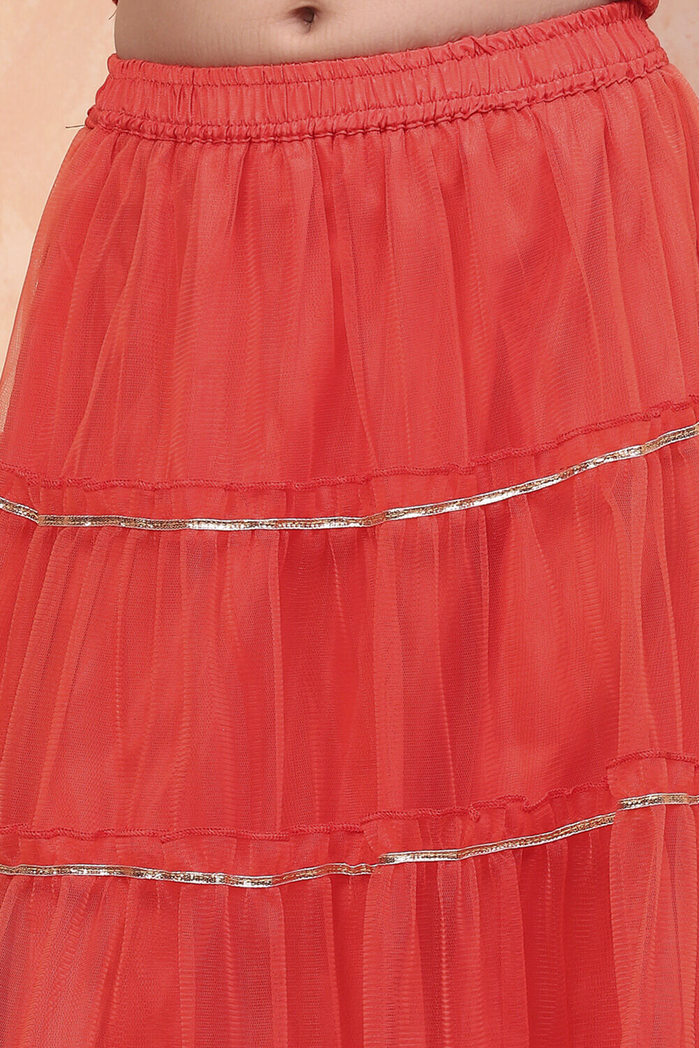 Orange Poly Chanderi Metallic Tiered Flared Lehenga Set image number 2