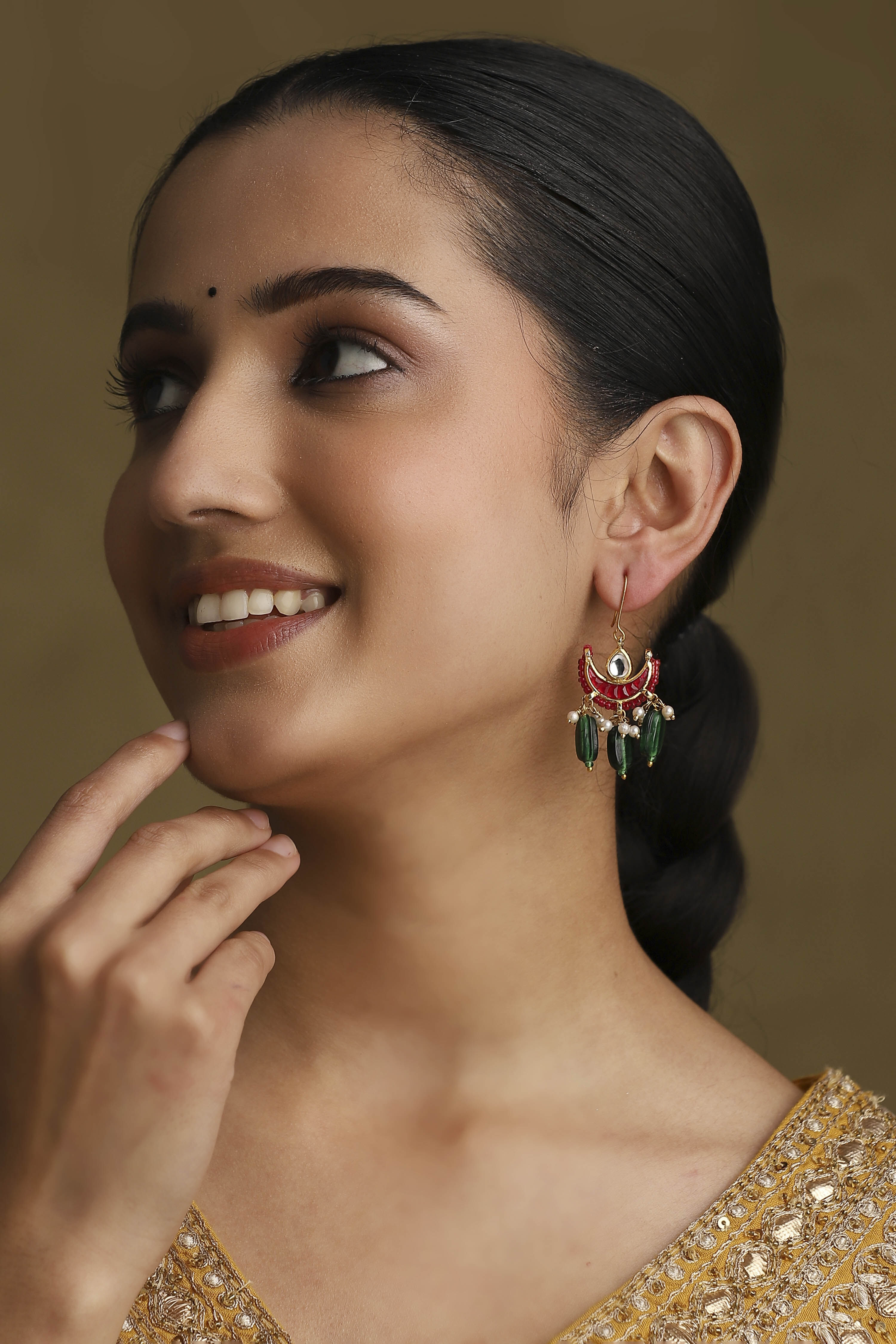 Multicolour Gold Plated Brass Studded Drop Earrings image number 3