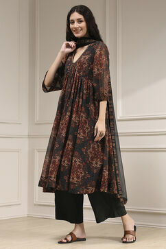 Charcoal Black Printed Gathered Suit Set image number 3