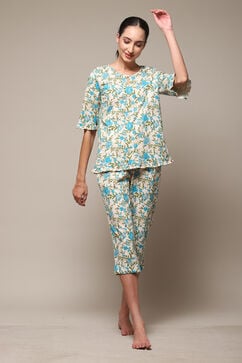 Off White & Turquoise Cotton Printed 2 Piece Sleepwear Set image number 0