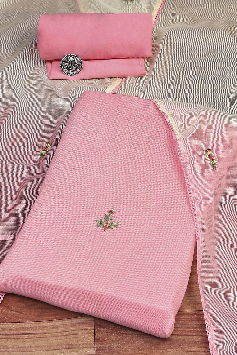 Pink Cotton Hand Embroidered Unstitched Suit Set image number 0