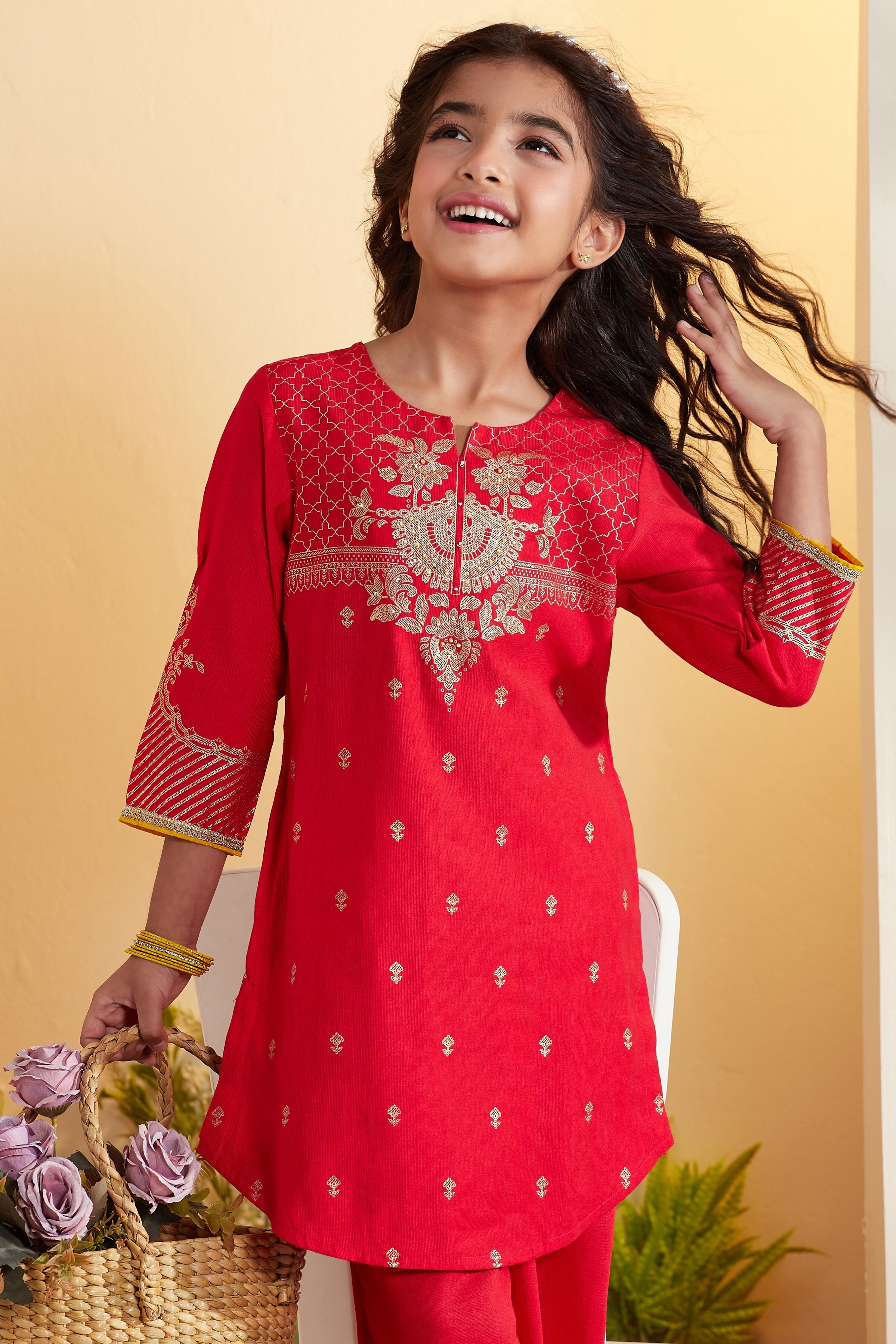 Red Ethnic Motif Printed Straight Kurta Set image number 1