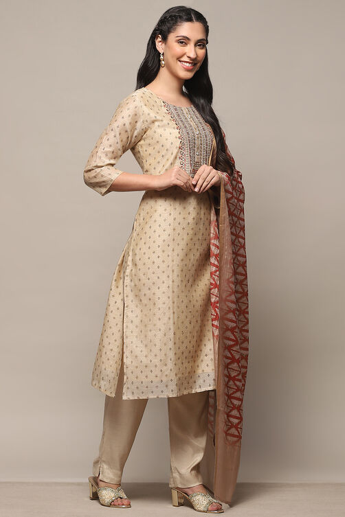 Olive Chanderi Unstitched Suit Set image number 7