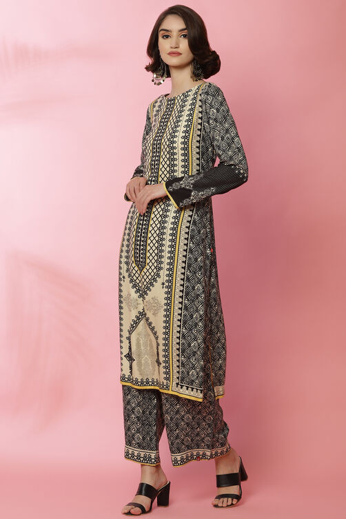 Black And Off White Straight Viscose Printed Kurta image number 3