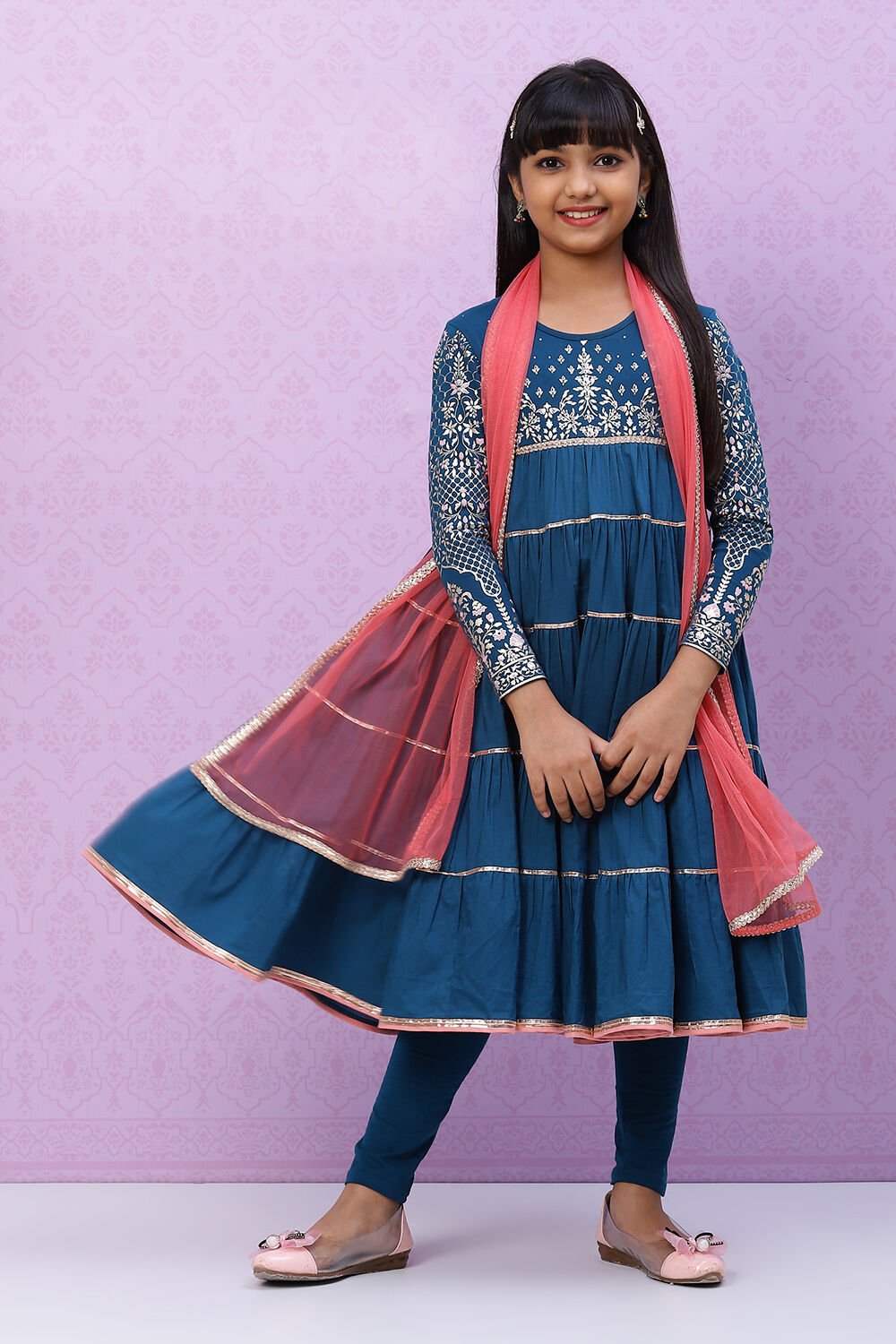 Teal Cotton Lycra Girls Straight Kurta Churidar Suit Set
