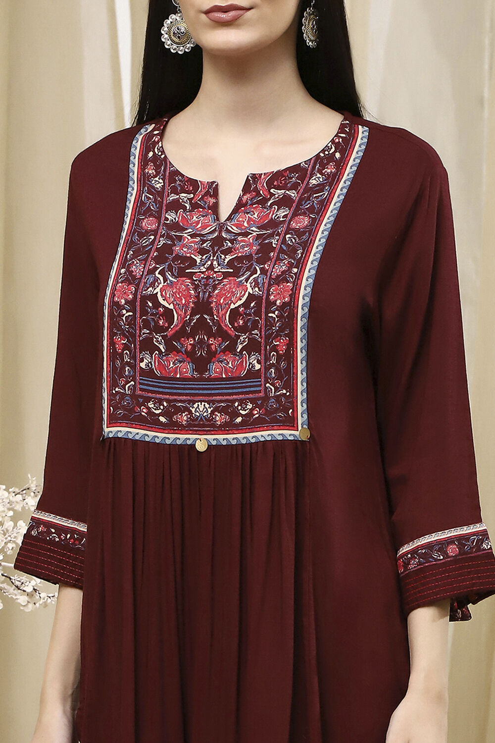 Brown Solid Gathered Straight Suit Set image number 1