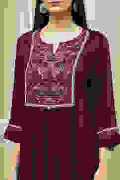 Plum Solid Gathered Straight Suit Set image number 1