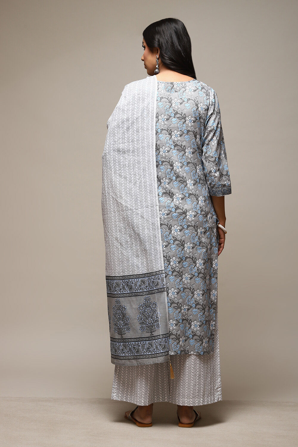 Grey Cotton Hand Block Print Unstitched Suit Set image number 13