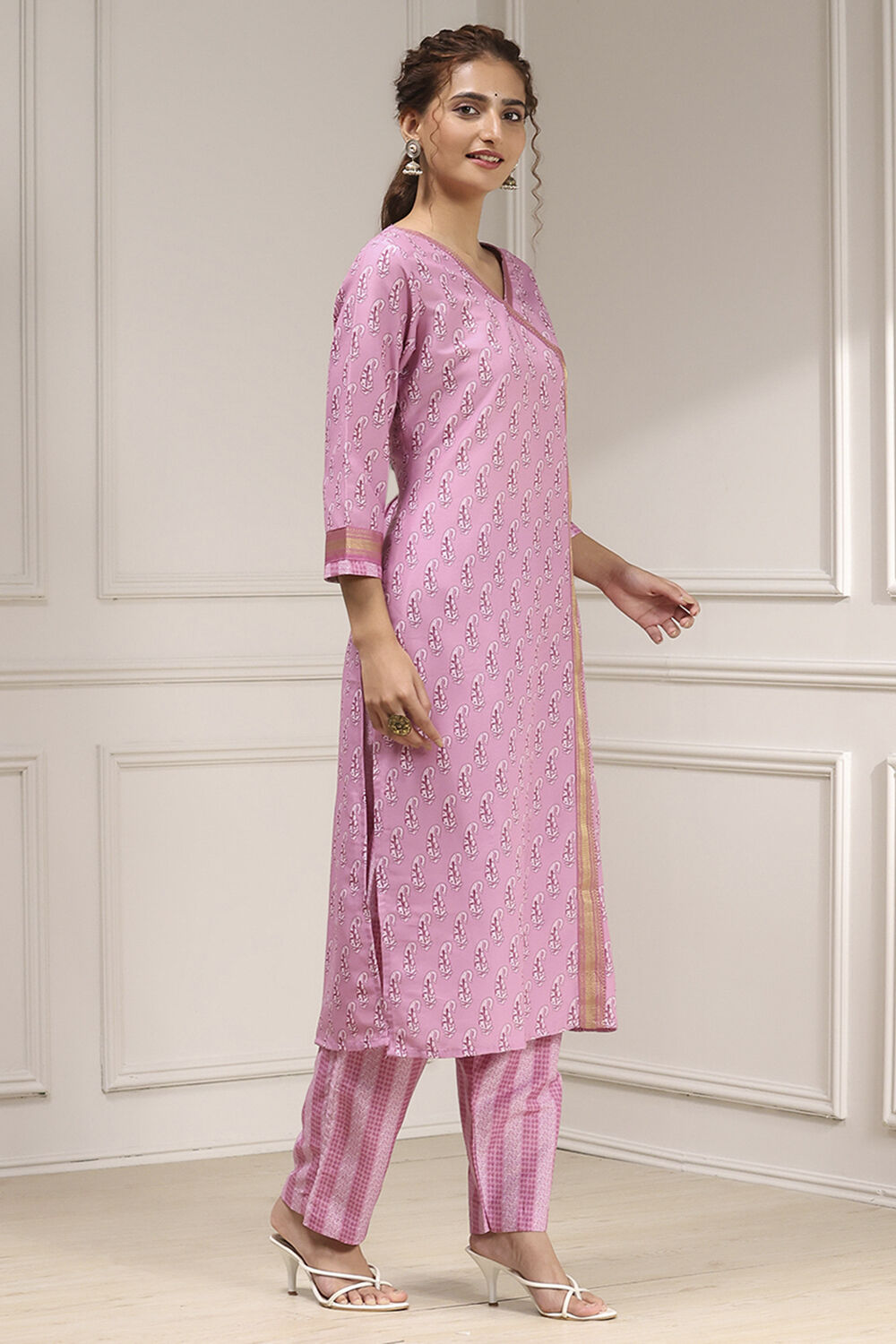 Beige Cotton Modal Digital Print Unstitched Suit Set image number 6